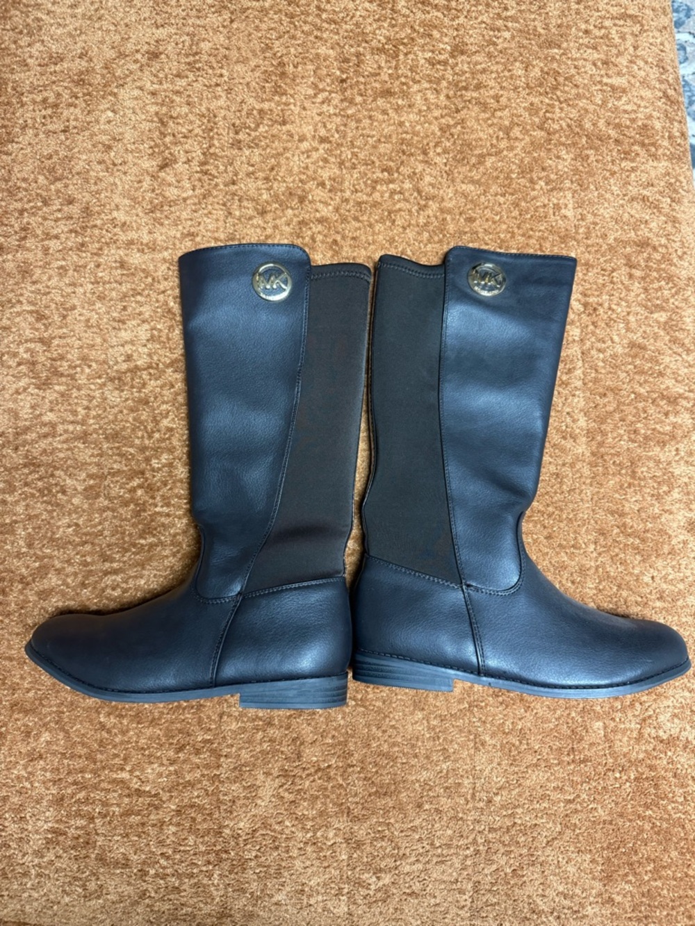 Michael Kors Black Leather Knee-High Boots with Gold MK Emblem
